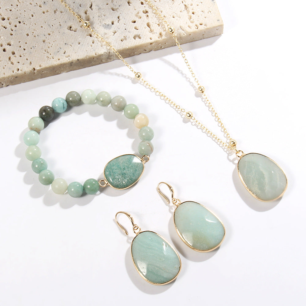 Golden Jewelry Set with Natural Stone – Necklace, Bracelet & Earrings for Women