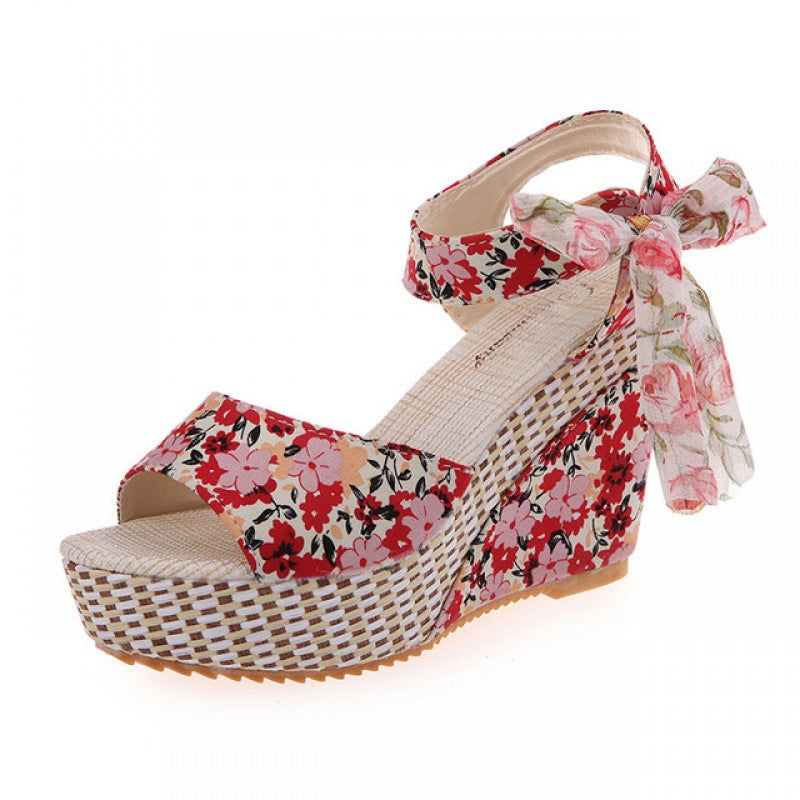 Damen Keilsandaletten Blumen Schleife | Boho Plateau Sandalen
