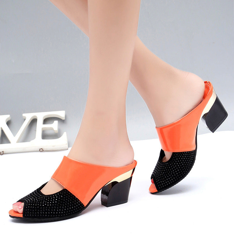 Patent Leather Rhinestone Sandals for Women | Elegant Block Heel Shoes