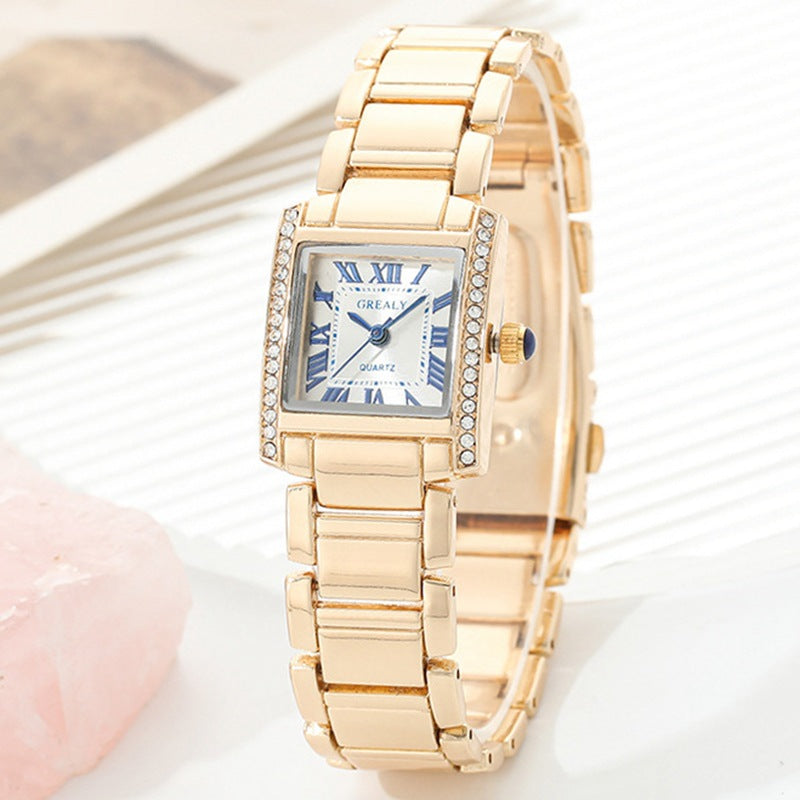 Women's Rectangular Luxury Watch – Roman Numerals & Rhinestones