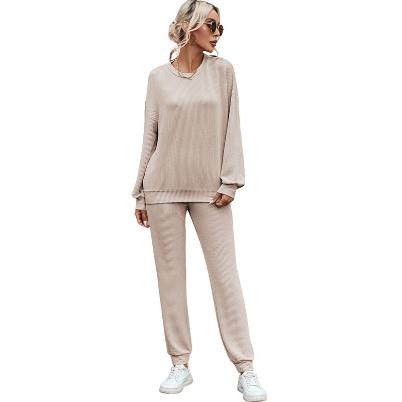 Women's Plain Loungewear Set – Long-Sleeved Top & Trousers Comfort Suit