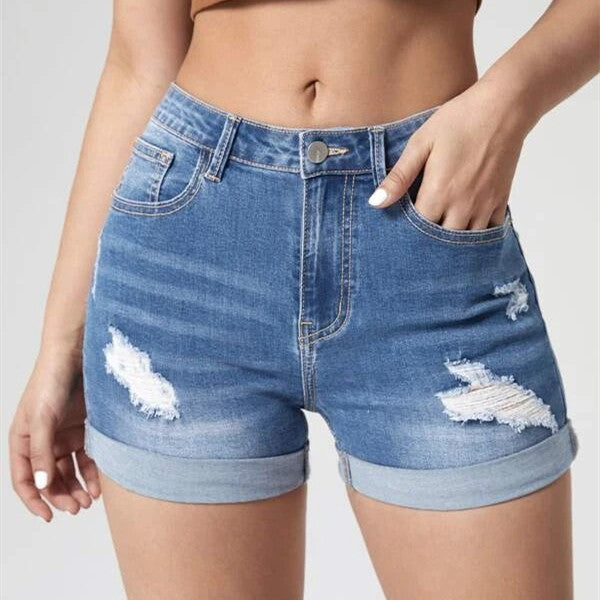 Damen High Waist Denim Shorts Stretch ripped Sommer trendig
