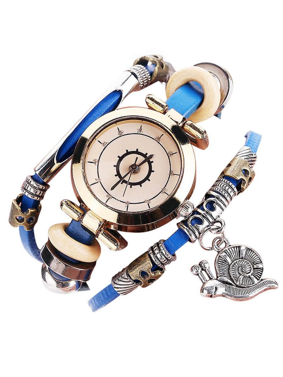 Vintage Ladies' Wristwatch, Curved Leather Strap, Snail Pendant