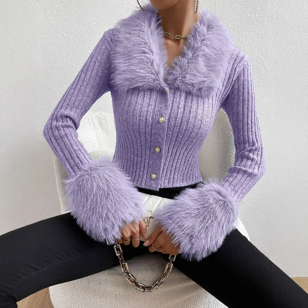 Elegant Cardigan with Fur Collar – Slim Fit V-Neck Cardigan