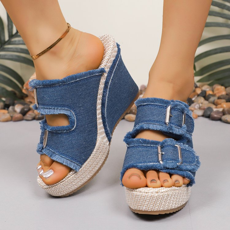 Women's Denim Mule Sandals – Block Heel Slip-On with Buckle