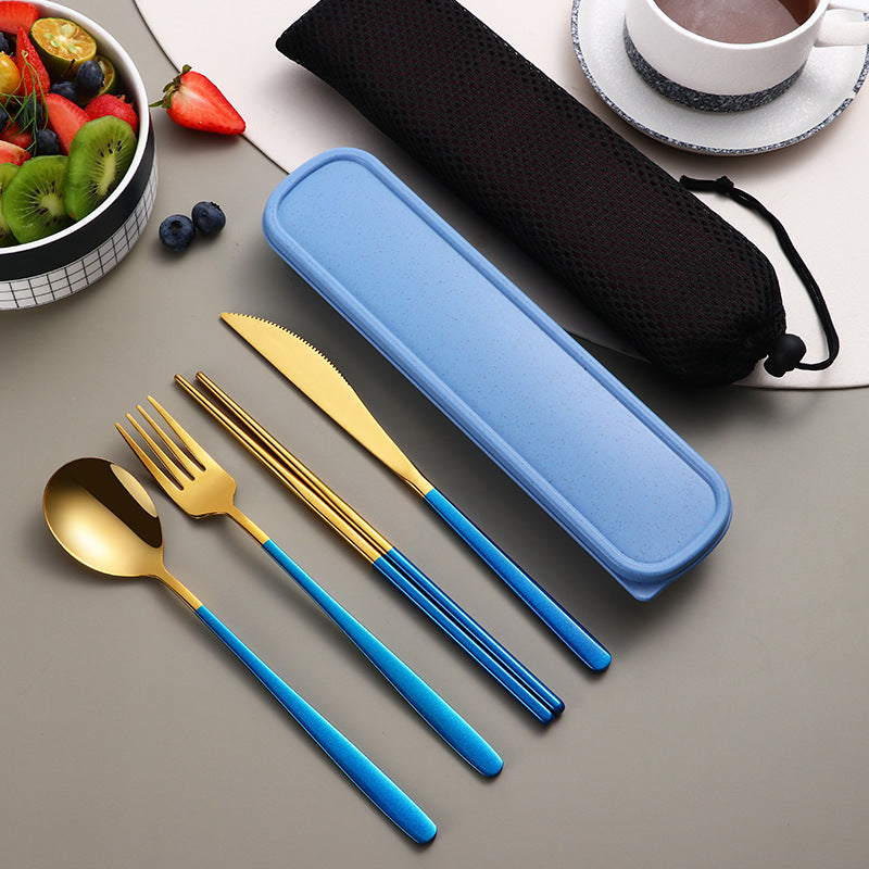 Edelstahl Besteckset Gold | Reise Camping Besteck mit Etui