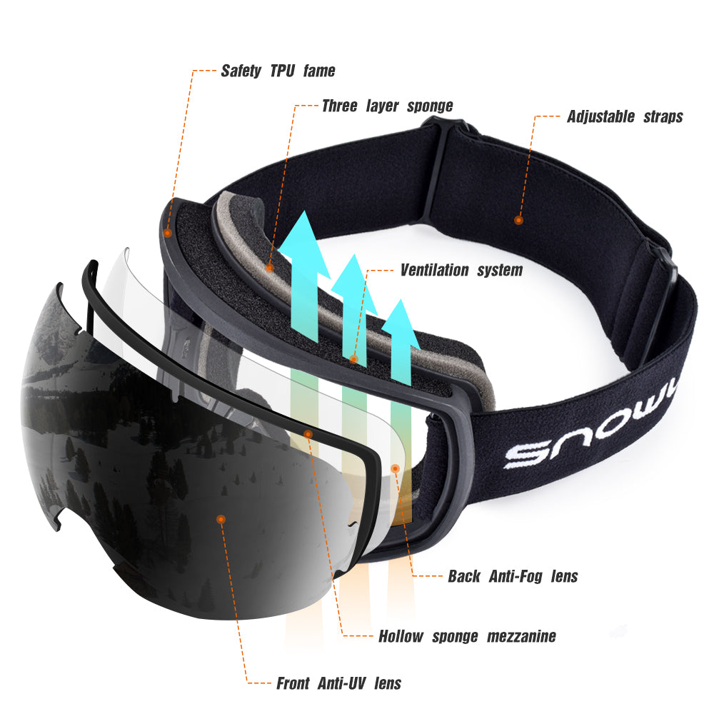 Double Lens Anti-Fog Ski Goggles | UV400 Protection Ski & Snowboard Goggles OTG
