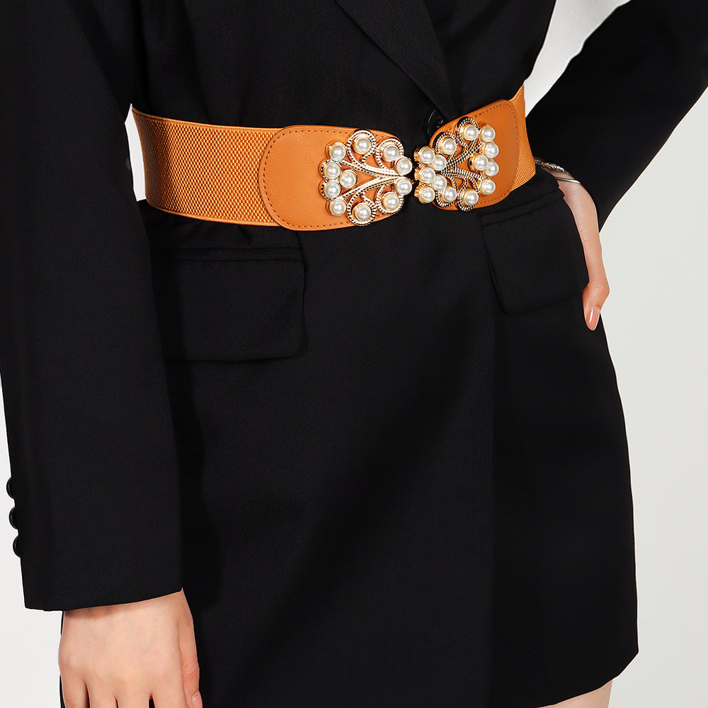 Women's Stretch Belt Wide | Elastic Pearl Buckle Elegant