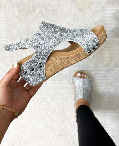 Damen Keilsandalen Chunky | Pailletten Klett Sommer Schuhe