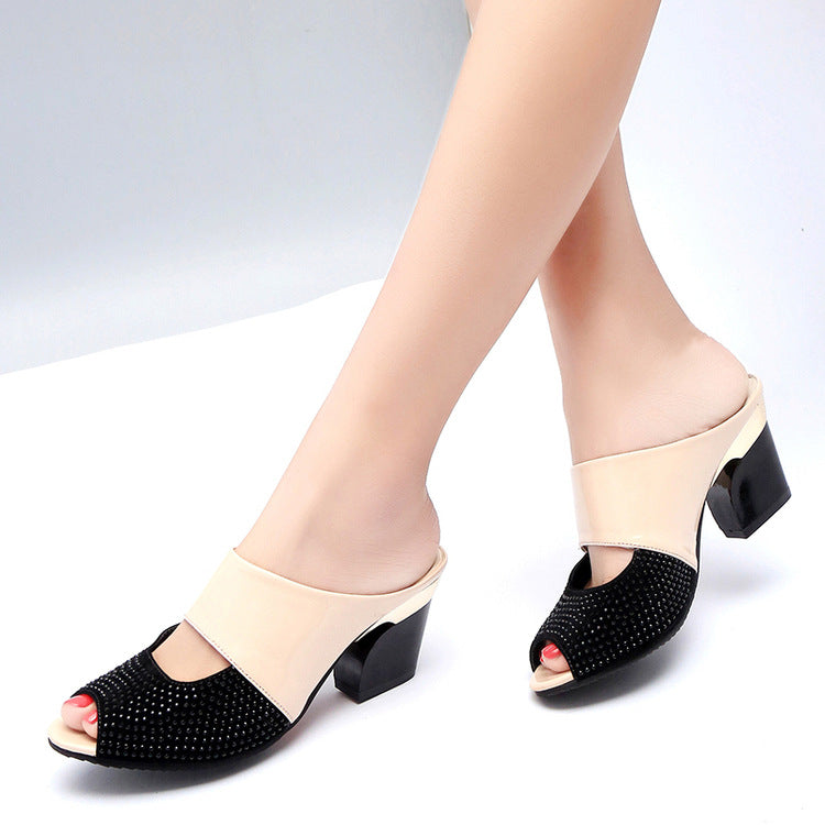 Patent Leather Rhinestone Sandals for Women | Elegant Block Heel Shoes