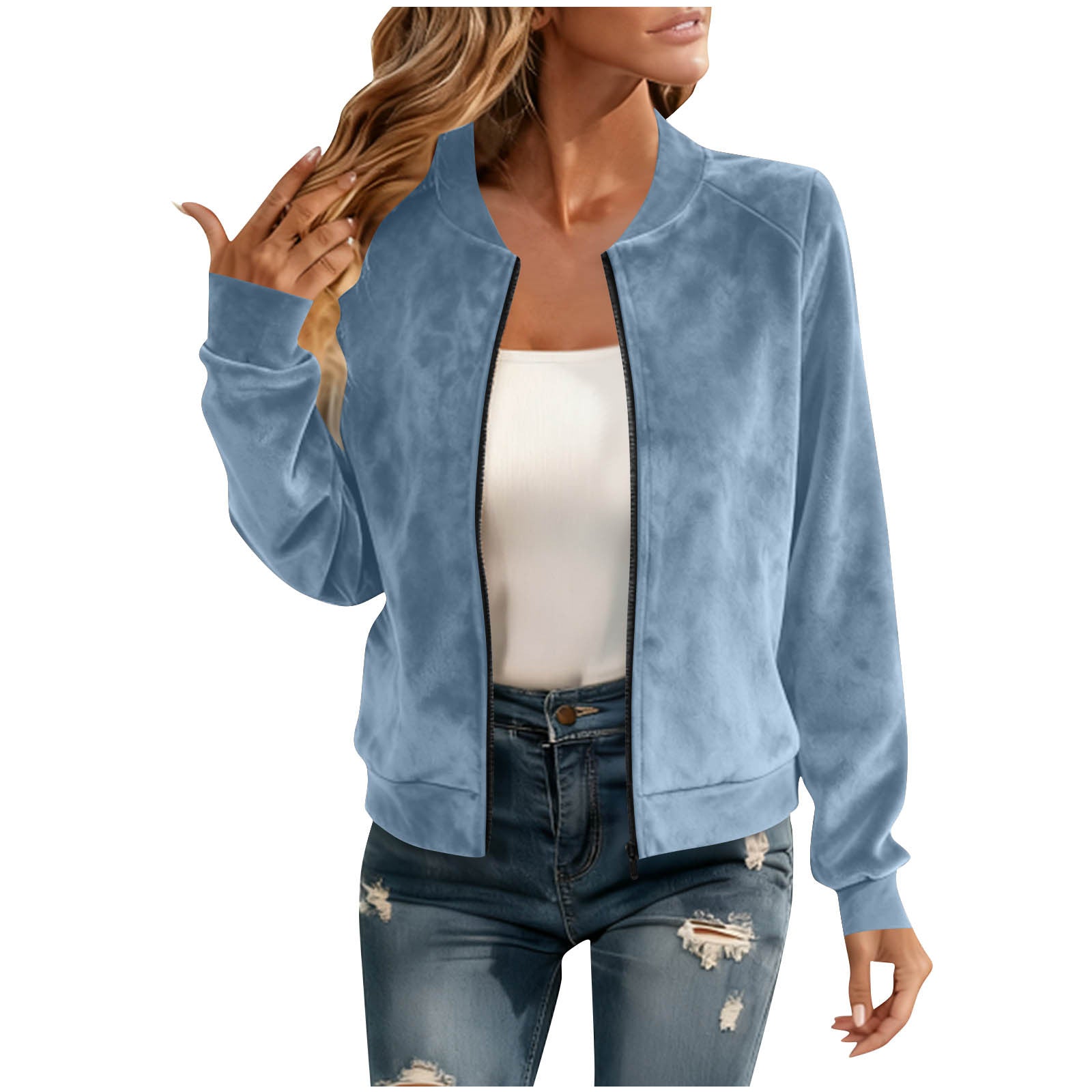 Women's Suede Look Short Jacket - Fleece Lined, Zip & Round Neck