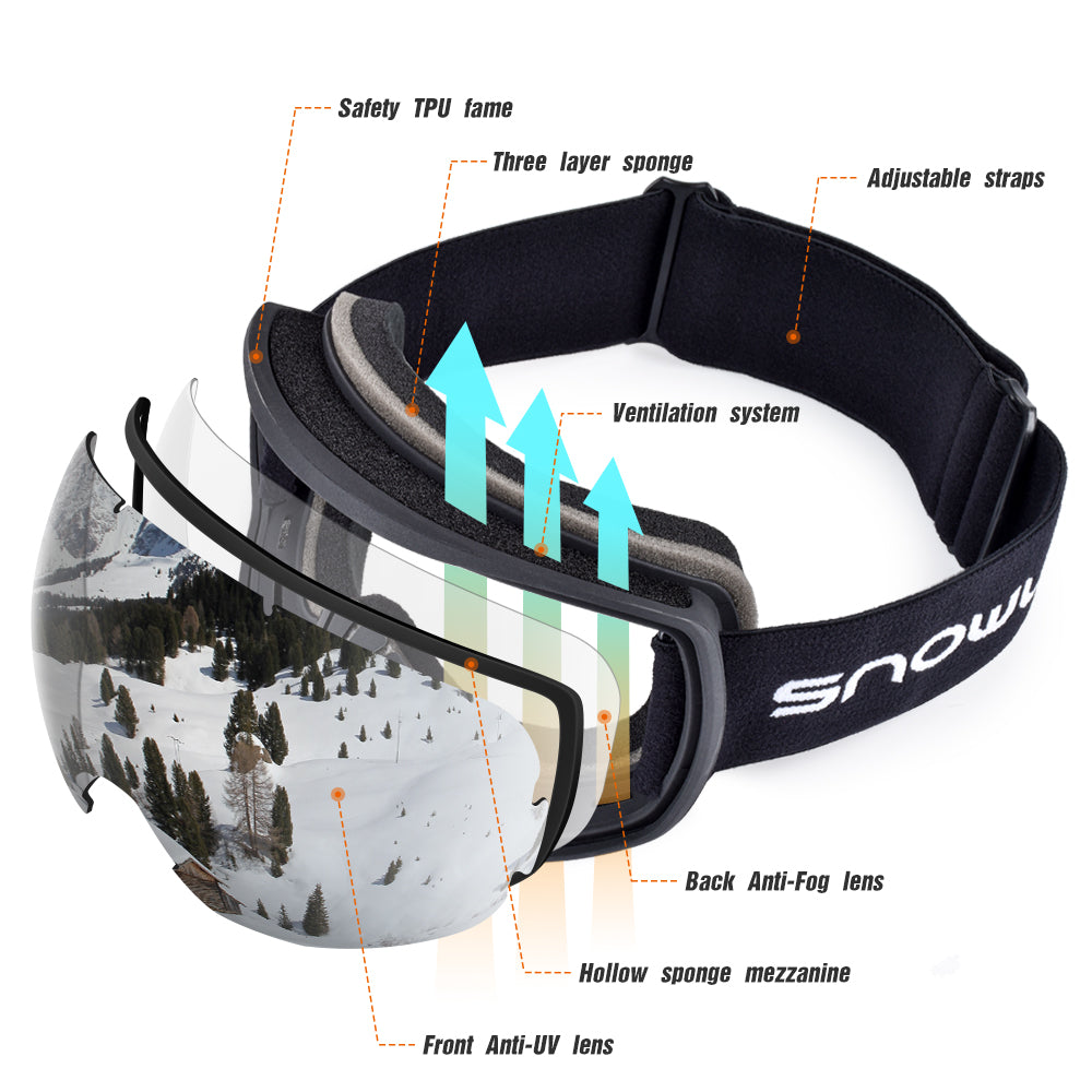 Double Lens Anti-Fog Ski Goggles | UV400 Protection Ski & Snowboard Goggles OTG