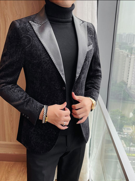 Men's Jacquard Velvet Blazer with Leather Lapels – Luxury Elegant Jacket