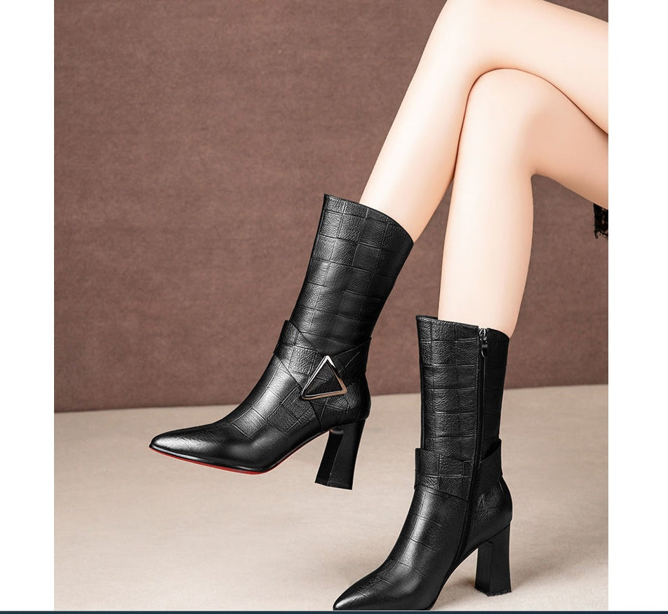 Damen Plüsch Winterstiefel | Spitze Boots mit Blockabsatz