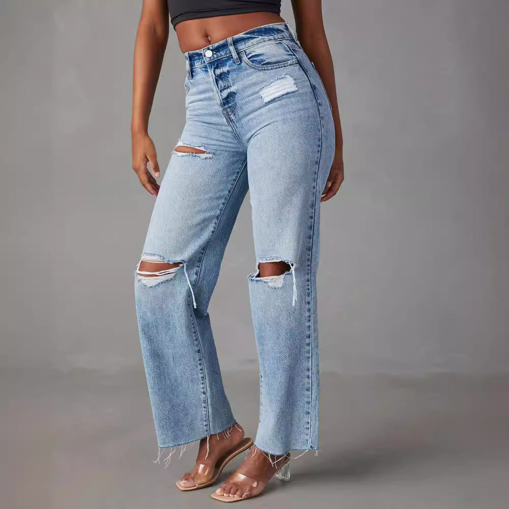 Women's Straight Leg Jeans Distressed Look – Washed Denim with Raw Hem