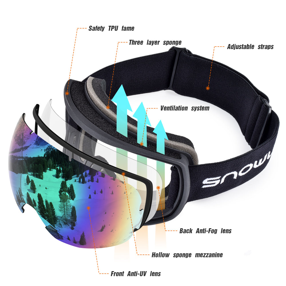 Double Lens Anti-Fog Ski Goggles | UV400 Protection Ski & Snowboard Goggles OTG