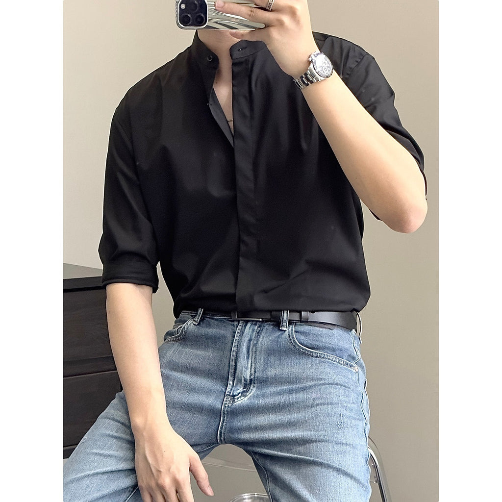 Men's Stand-Up Collar Shirt | Short Sleeve Summer Shirt Modern Elegant