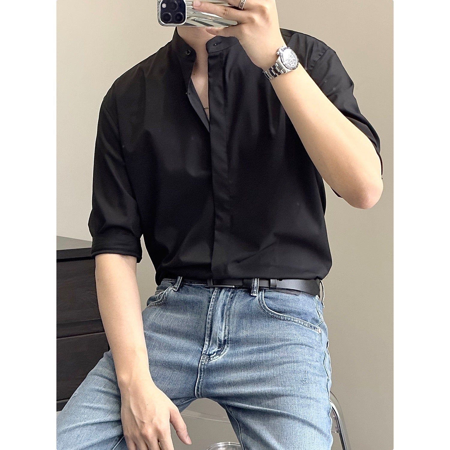 Men's Stand-Up Collar Shirt | Short Sleeve Summer Shirt Modern Elegant