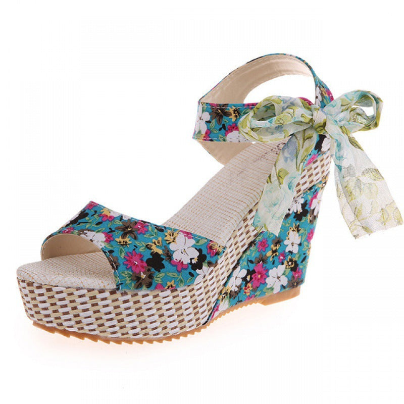 Damen Keilsandaletten Blumen Schleife | Boho Plateau Sandalen