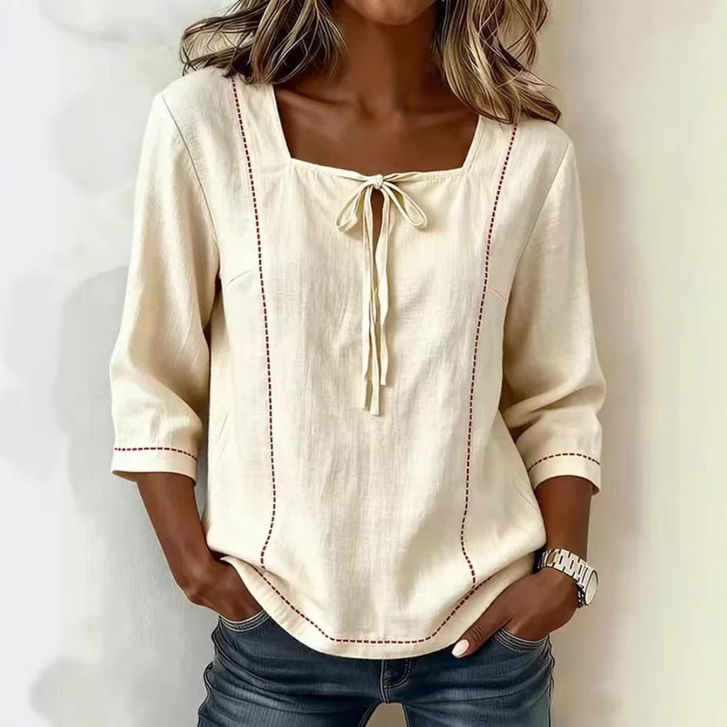 Women's Blouse with Print, Lacing & Square Neckline – Mid-Sleeve