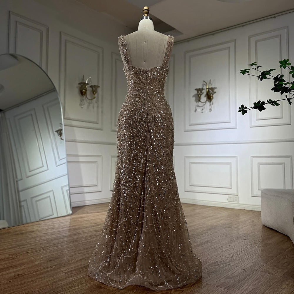 Beaded Evening Dress for Women Elegant | Nude Luxury Glamour Dress