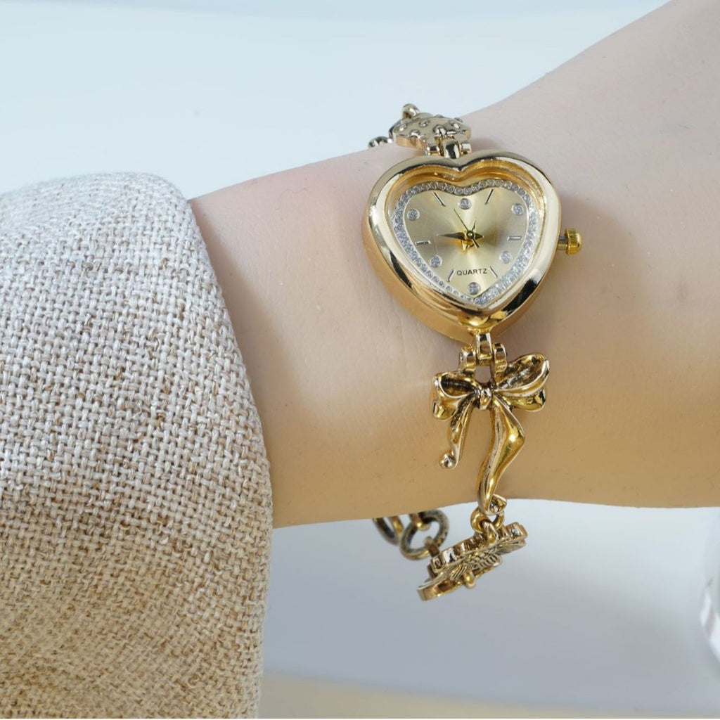 Women's Vintage Heart Jewelry Watch – Gold Bow & Floral Design