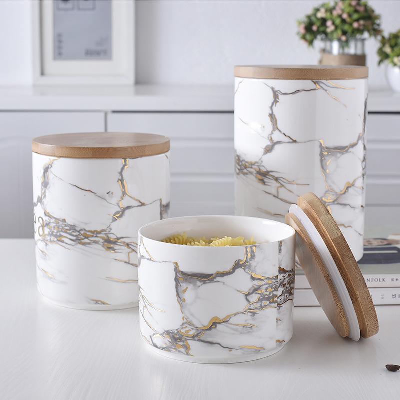 Marble Ceramic Storage Jar with Wooden Lid – Airtight Premium
