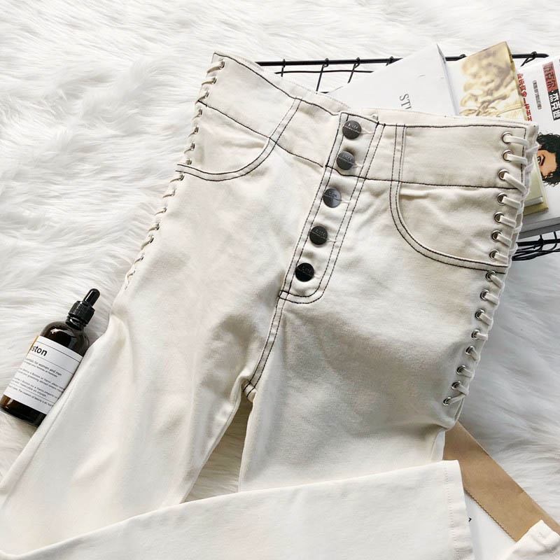 Damen Weiße Jeans | Vielseitige Casual Hose mit Kordelzug