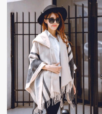 Women's Hooded Scarf Poncho | Warm Fringe Winter Cape