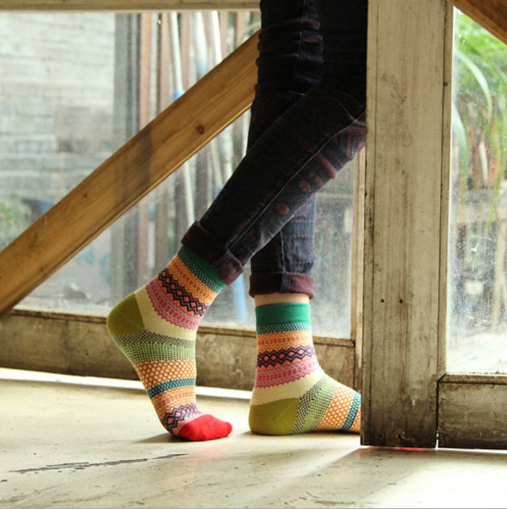 Women's Vintage Ethnic Socks | Striped Cotton Tube Socks