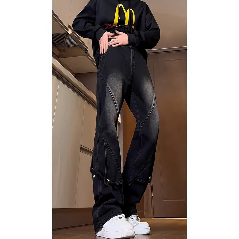 Men's Workwear Patchwork Jeans - Wide Leg Flared Denim Pants