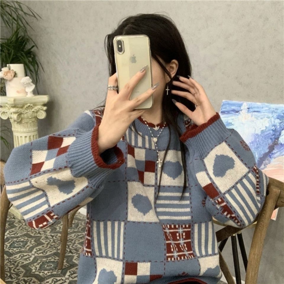 Women's Knitted Jumper Heart Pattern – Japanese Retro Color Block Look