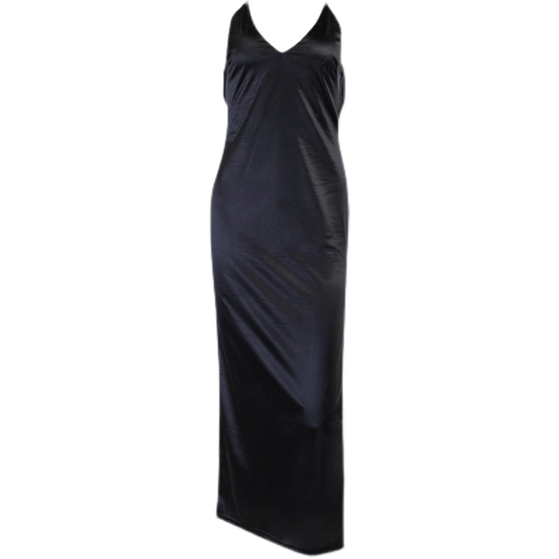 Sexy Black Satin Maxi Dress – Backless with Slit & Off-Shoulder