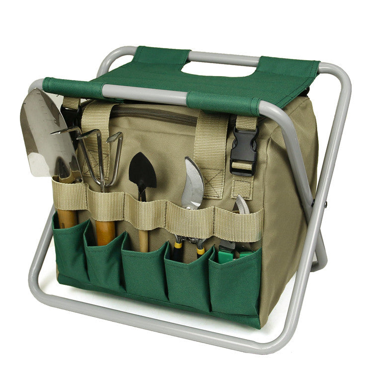 Klappbarer Gartenhocker mit Werkzeugtasche – Gartenwerkzeug Set