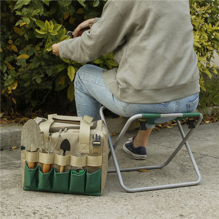 Klappbarer Gartenhocker mit Werkzeugtasche – Gartenwerkzeug Set