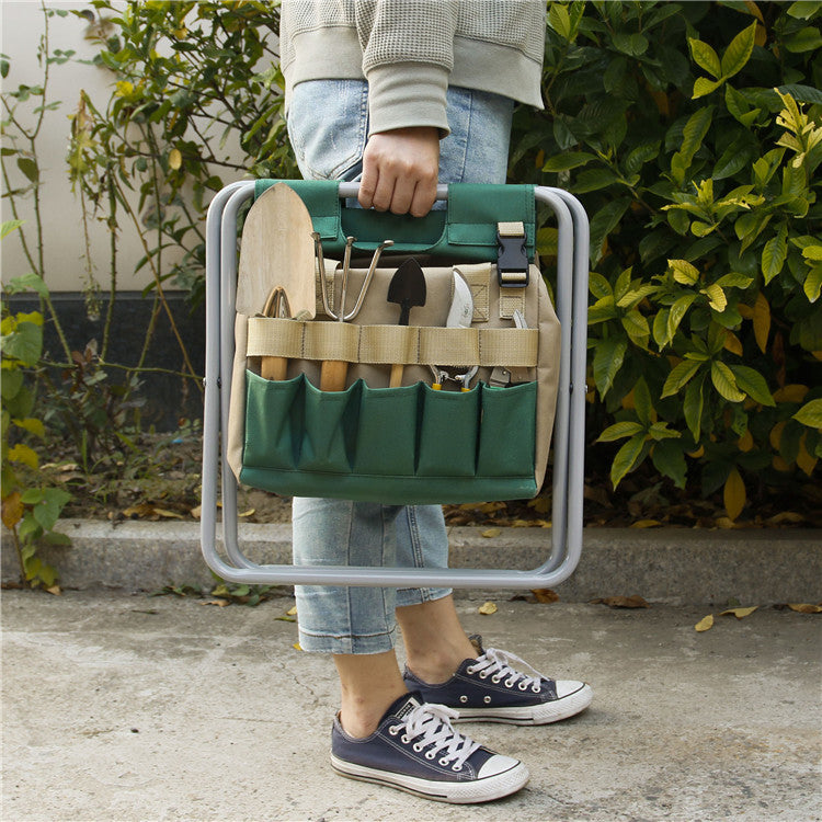 Klappbarer Gartenhocker mit Werkzeugtasche – Gartenwerkzeug Set