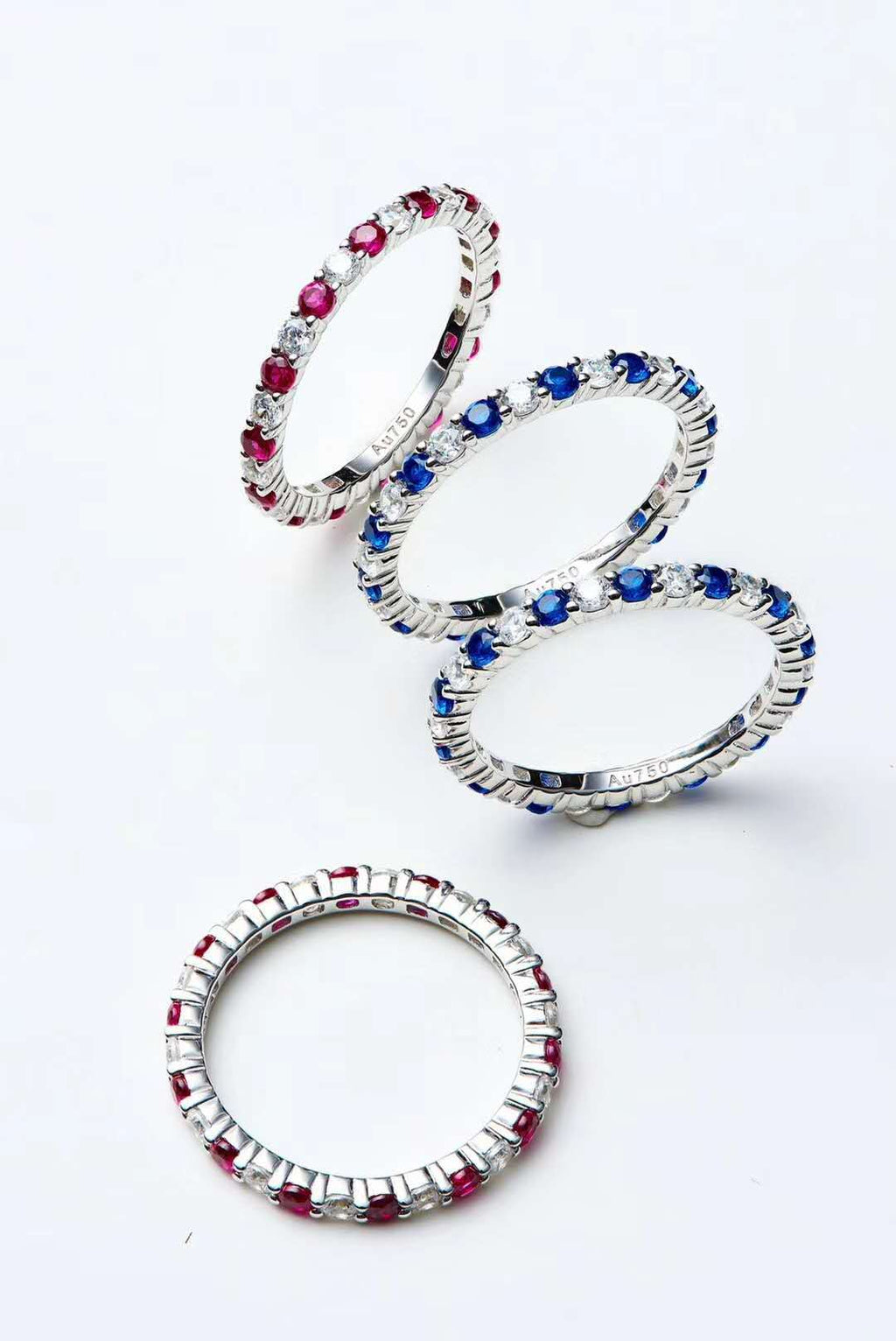 Funkelnder Diamant- & Naturroter Saphir-Stapelring | Platiniertes 925er Silber