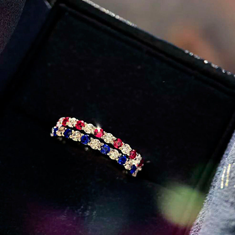 Funkelnder Diamant- & Naturroter Saphir-Stapelring | Platiniertes 925er Silber