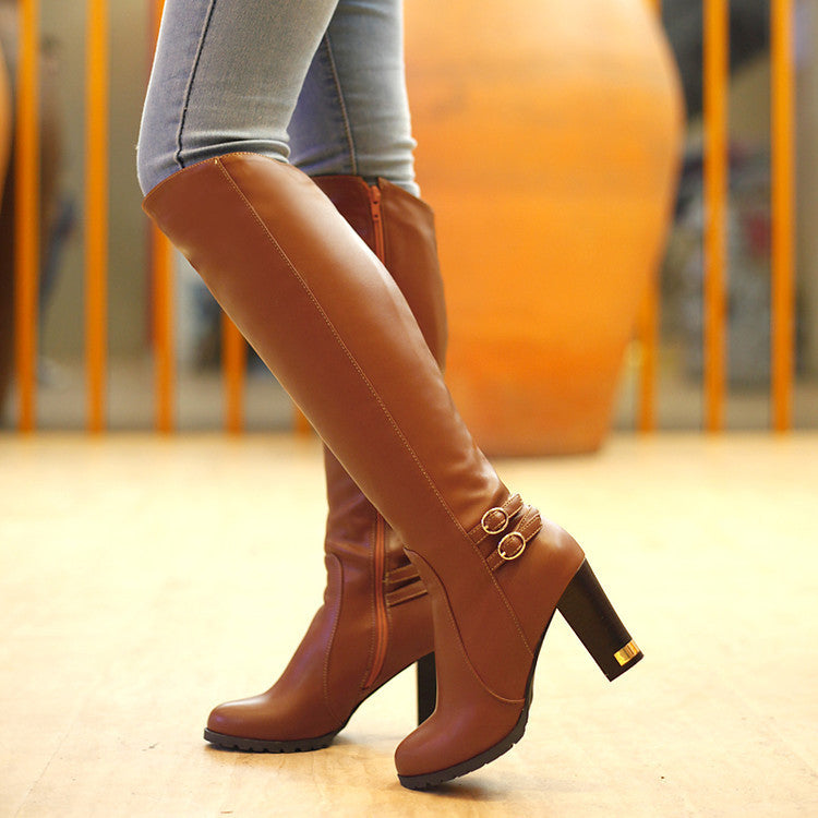 Damen Overknee Lederstiefel | Elegante Boots mit Blockabsatz