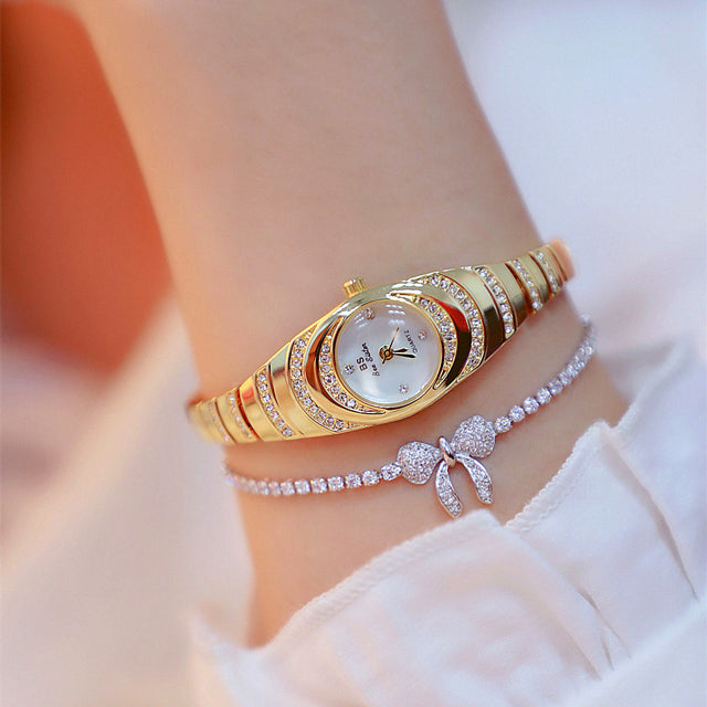 Damen-Goldarmbanduhr mit Diamanten, modische Damenarmbanduhr, Damen-Volldiamantuhr