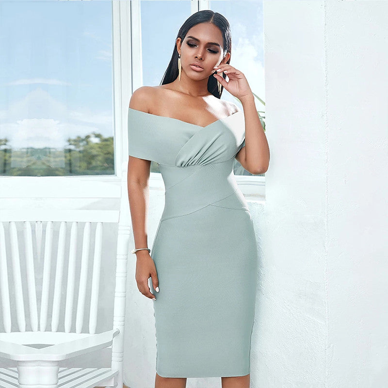 Off-Shoulder Bandage Midi Dress - Elegant & Bodycon Club Dress