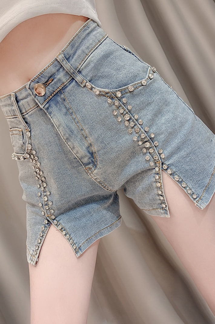 Women's Glamour Denim Shorts | Slim Fit Rhinestone Summer Shorts
