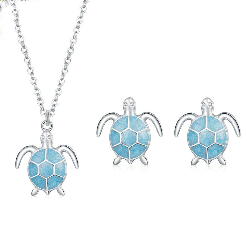 925 Sterling Silver Turtle Jewelry Set in Blue – Necklace & Earrings in a Maritime Design