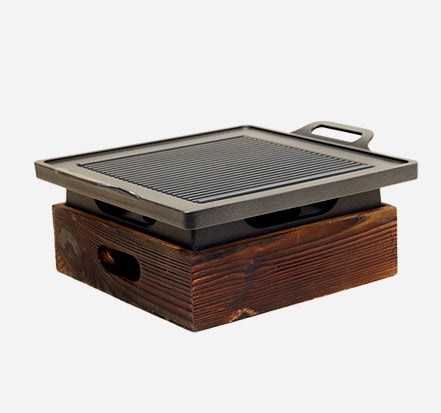 Smokeless Korean BBQ Grill Pan with Wooden Handle & Wooden Seat Design