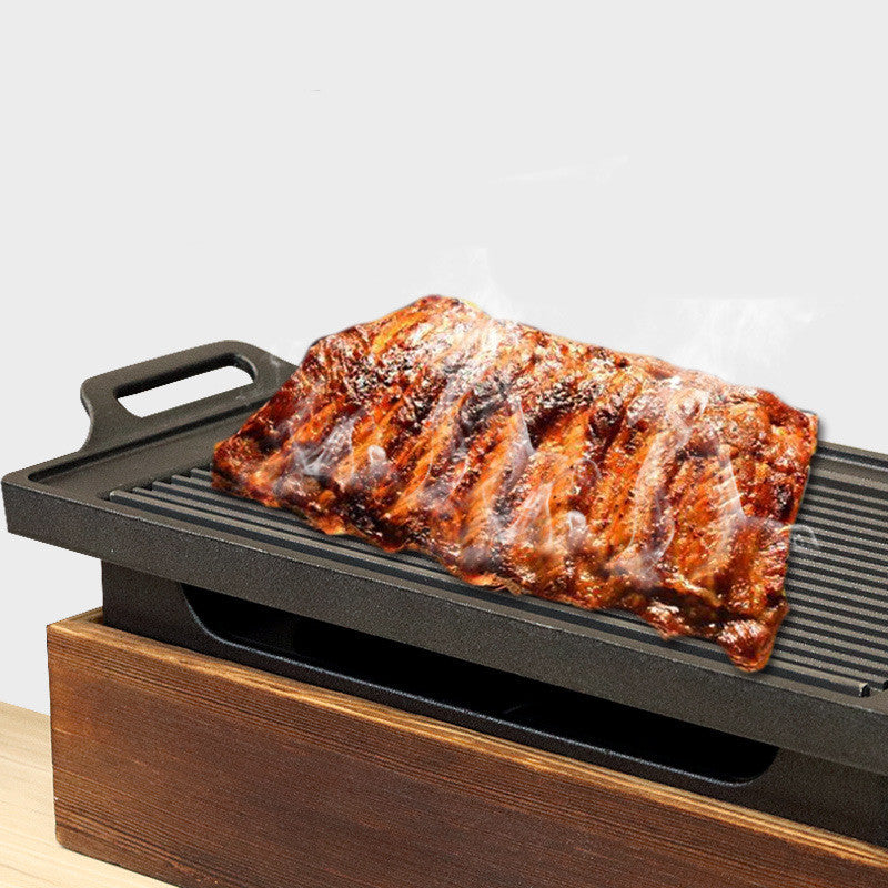 Smokeless Korean BBQ Grill Pan with Wooden Handle & Wooden Seat Design