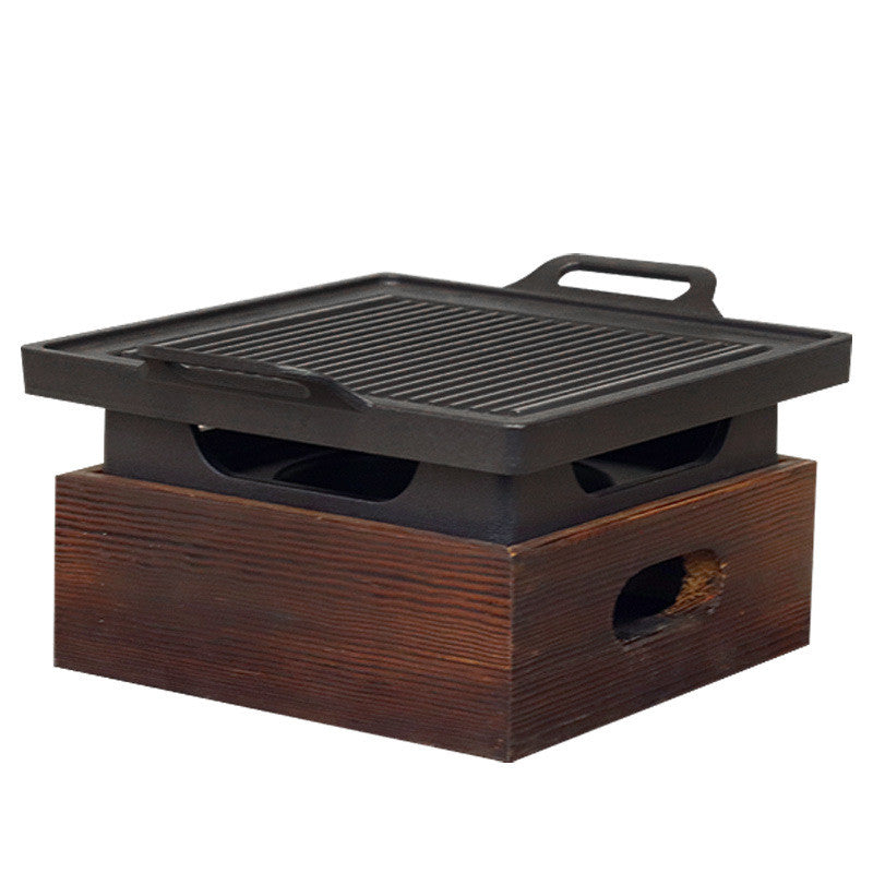Smokeless Korean BBQ Grill Pan with Wooden Handle & Wooden Seat Design