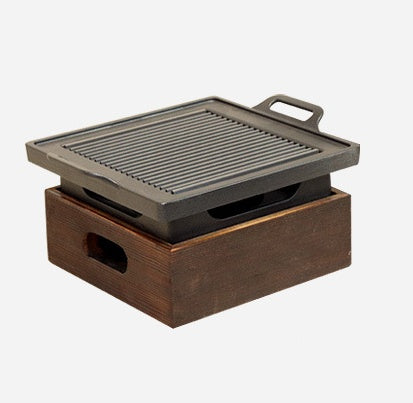 Smokeless Korean BBQ Grill Pan with Wooden Handle & Wooden Seat Design