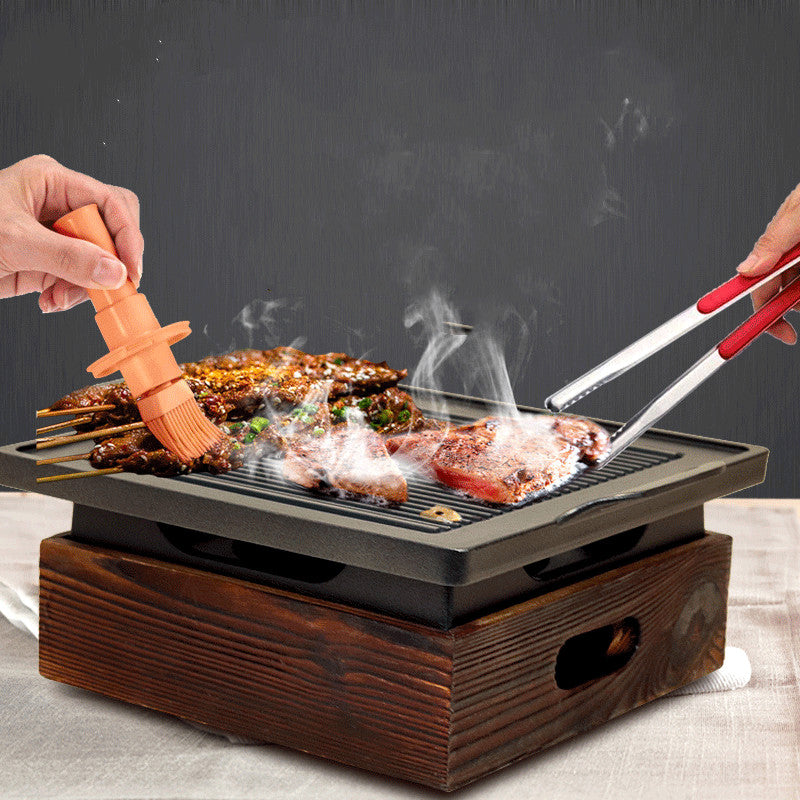 Smokeless Korean BBQ Grill Pan with Wooden Handle & Wooden Seat Design