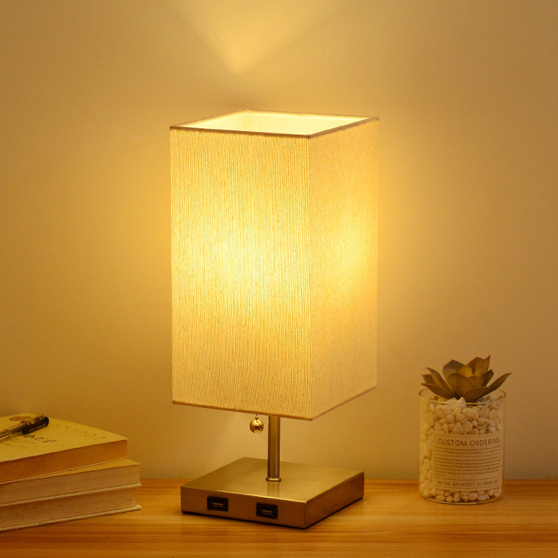 USB Wooden Table Lamp LED Bedside Lamp with Fabric Shade