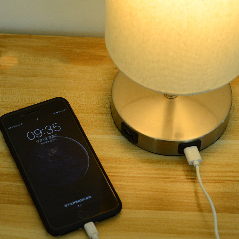 USB Holz Tischlampe LED Nachttischlampe mit Stoffschirm